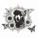 A silhouette of a couple embracing, with a trail of butterflies leading to a sunflower tattoo design idea