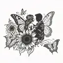 A silhouette of a couple embracing, with a trail of butterflies leading to a sunflower tattoo design idea