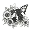 A silhouette of a couple embracing, with a trail of butterflies leading to a sunflower tattoo design idea