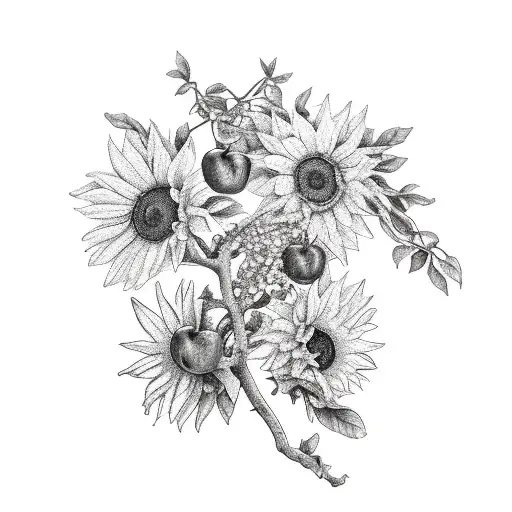 apple tree with 3 red apples, a cardinal bird on a branch, and a sunflower incorporated into the tatoo tattoo design idea