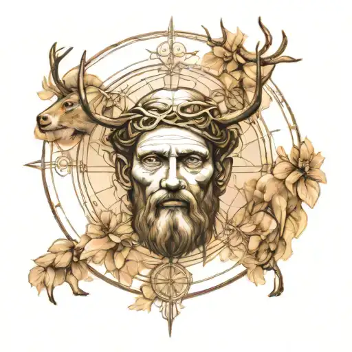 Generate a forearm tattoo sketch of the vitruvian man by leonardo davinci having horns of a deer being a line tattoo and tattoo design idea