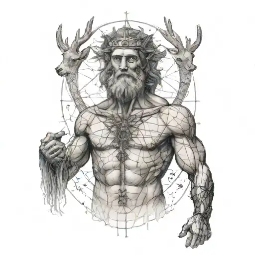Generate a forearm tattoo sketch of the vitruvian man by leonardo davinci having horns of a deer being a line tattoo and tattoo design idea