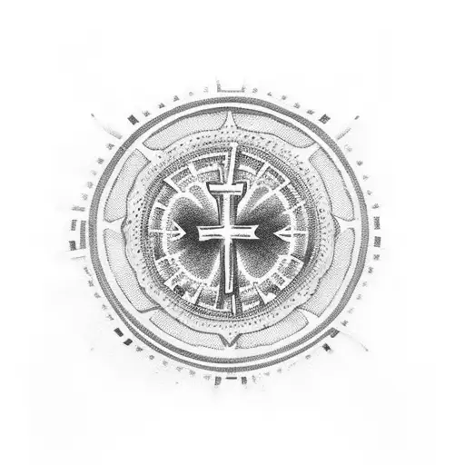A dotwork tattoo of a motorcycle engine with a cross in the center, representing the client's passion for motorcycles and faith tattoo design idea