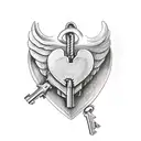 Design a heart-shaped lock with an angel key and a devil key tattoo design idea