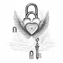Design a heart-shaped lock with an angel key and a devil key tattoo design idea