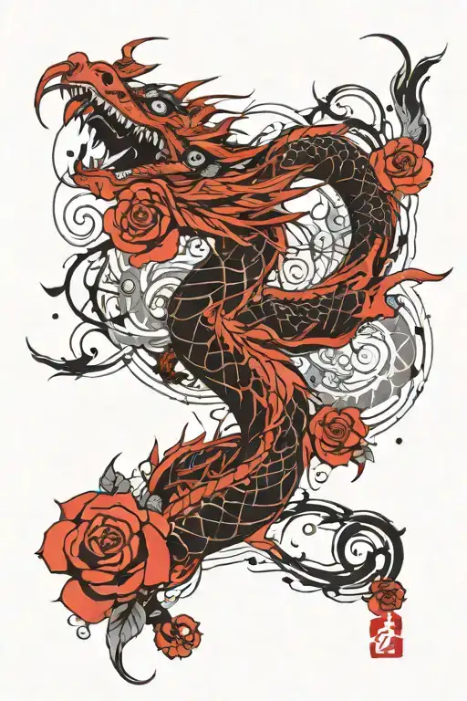 japanese dragon tattoo and roses full sleeve tattoo design idea