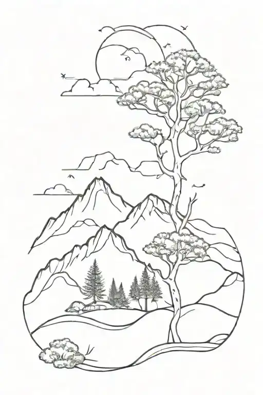 fine line tattoo of ocean tree and mountains  tattoo design idea