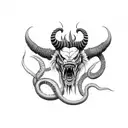 female,devil,dreadlocks,big horns, fangs,snake tattoo design idea