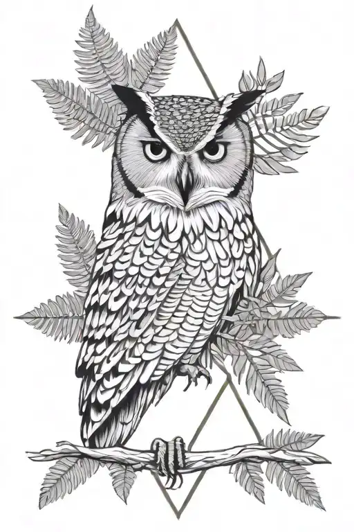 sleeve made of fern leaves, on the bend of the elbow, an equilateral triangle with the apex up, an eagle owl, black brac tattoo design idea