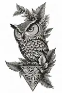 sleeve made of fern leaves, on the bend of the elbow, an equilateral triangle with the apex up, an eagle owl, black brac tattoo design idea