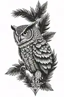 sleeve made of fern leaves, on the bend of the elbow, an equilateral triangle with the apex up, an eagle owl, black brac tattoo design idea