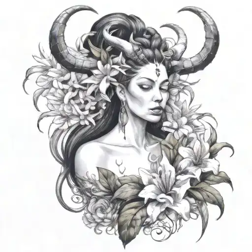 woman with horns and spider lilies and the mark of Lilith on head  tattoo design idea