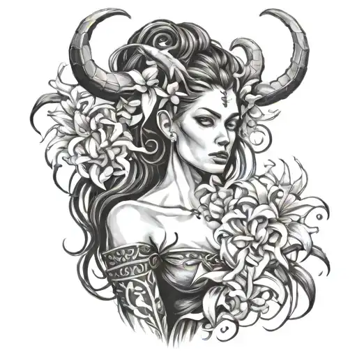woman with horns and spider lilies and the mark of Lilith on head  tattoo design idea