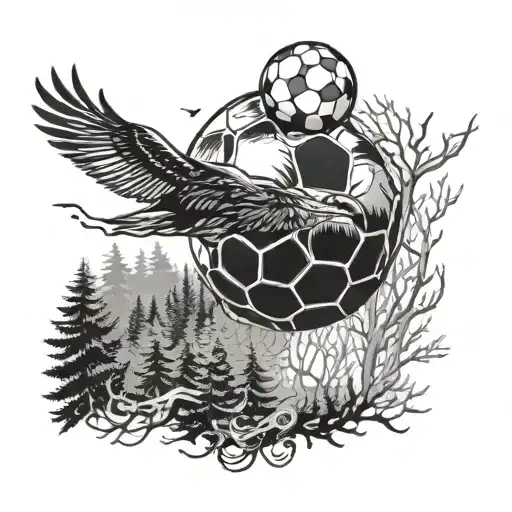 A blackwork tattoo of a soccer ball morphing into a bird flying through a forest landscape tattoo design idea