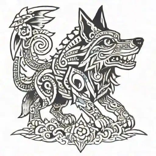 Big Aztec Wolf and inside the tradition of the day of the dead tattoo design idea