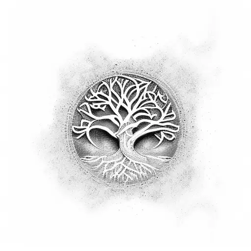 Generate an image where the Tree of Life and the Tree of Death intricately intertwine, visually crafting the essence of  tattoo design idea