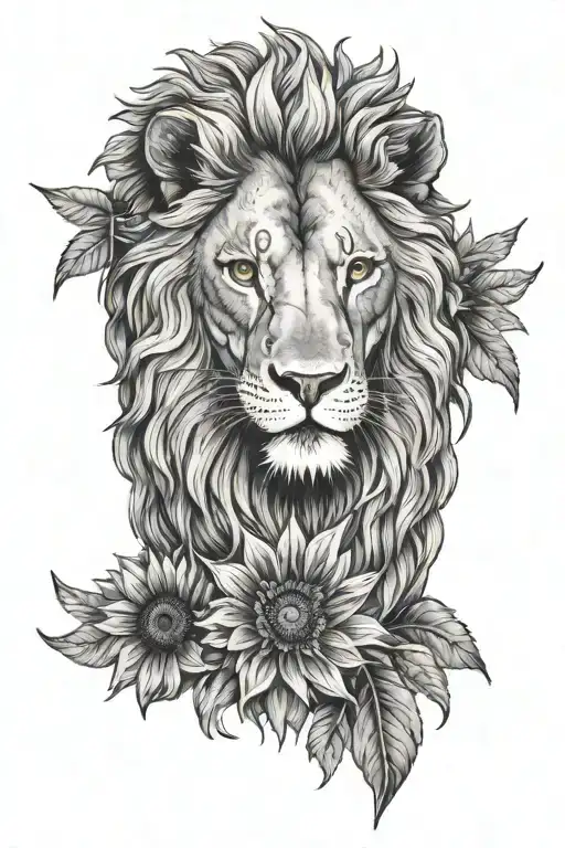lion with a sunflower and white dove flying tattoo design idea