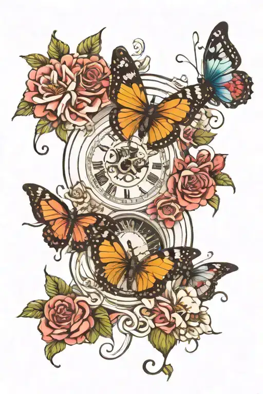 Butterflies with a broken clock and roses growing tattoo design idea