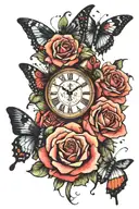 3 butterflies 2 roses 1 broken clock tattoo design idea