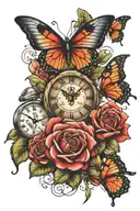 3 butterflies 2 roses 1 broken clock tattoo design idea