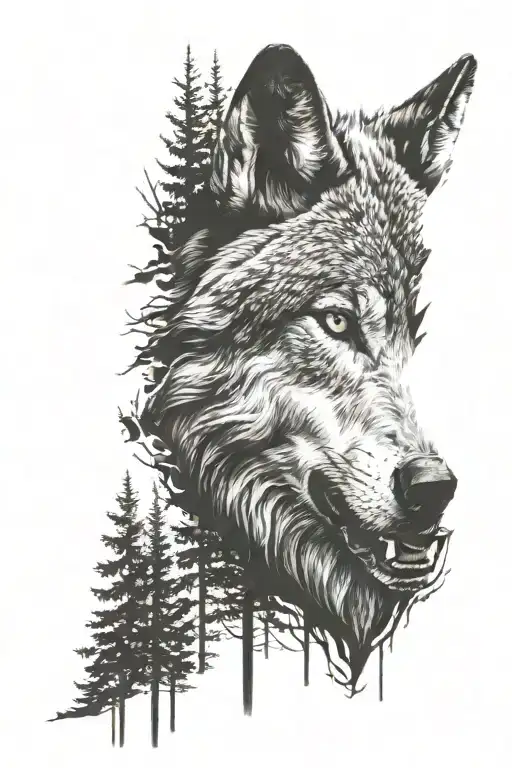 Wolf snarling with forest in the background tattoo design idea