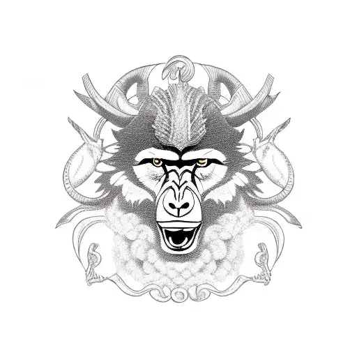 a monkey on a sheild, a goat on a sheild, a wolf on a sheild surrounded by lyrebird feathers  tattoo design idea