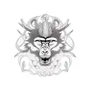 a monkey on a sheild, a goat on a sheild, a wolf on a sheild surrounded by lyrebird feathers  tattoo design idea