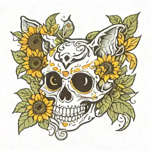 cutesie cat skull with a sunflower crown tattoo design idea