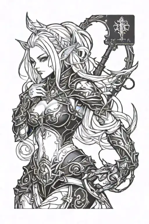 I'm the client, you're the tattoo artist. Generate me a sketch for the game Lineage 2. Sexy dark elf tattoo design idea