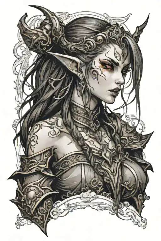 I am a client, you are a professional tattoo artist. Generate me a sketch for the game Lineage 2. Sexy dark elf tattoo design idea