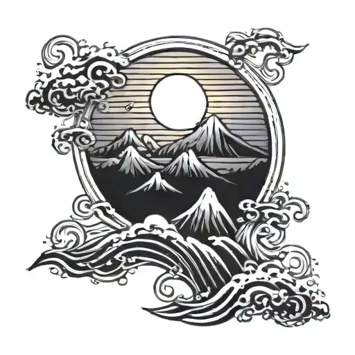 sun coming over a mountain with waves below it tattoo design idea