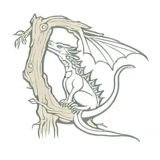 small cute dragon with a fish tail hugging a tree trunk tattoo design idea