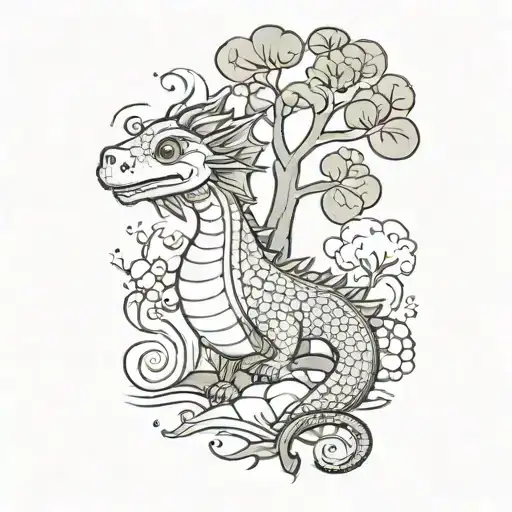 small cute dragon combined with a fish and a tree growing tattoo design idea