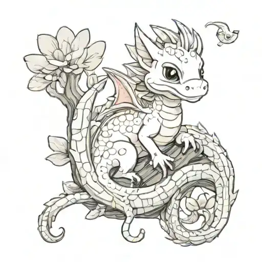small cute dragon combined with a fish and a tree trunk tattoo design idea