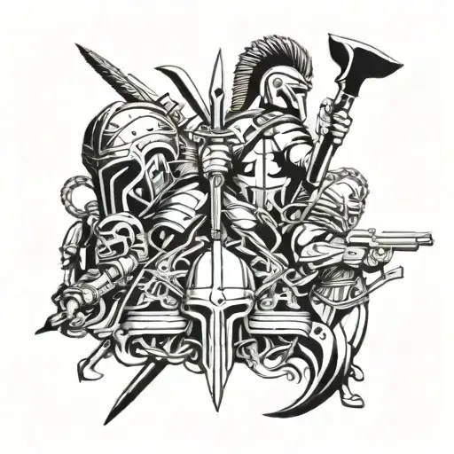 A collage of different weapons used by gladiators intertwined with human figures tattoo design idea