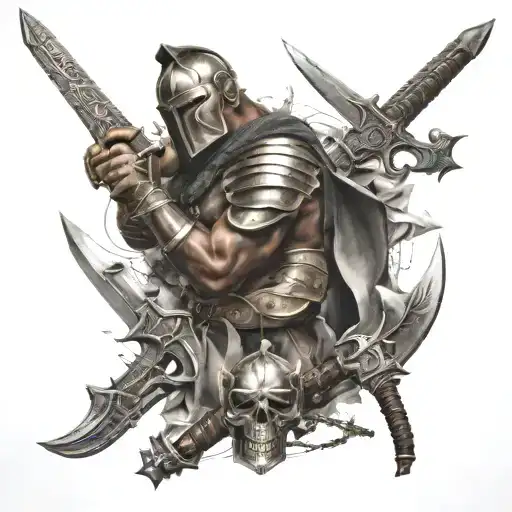 A collage of different weapons used by gladiators intertwined with human figures tattoo design idea