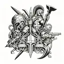 A collage of different weapons used by gladiators intertwined with human figures tattoo design idea