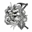 A collage of different weapons used by gladiators intertwined with human figures tattoo design idea