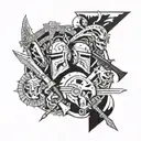 A collage of different weapons used by gladiators intertwined with human figures tattoo design idea