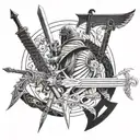 A collage of different weapons used by gladiators intertwined with human figures tattoo design idea