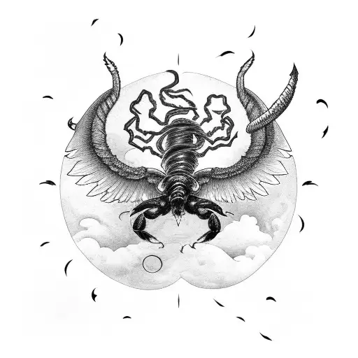 Scorpion with Phoenix wings surrounded by a stormy night sky tattoo design idea