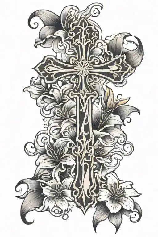 Cross with lilies with backgrounds tattoo design idea