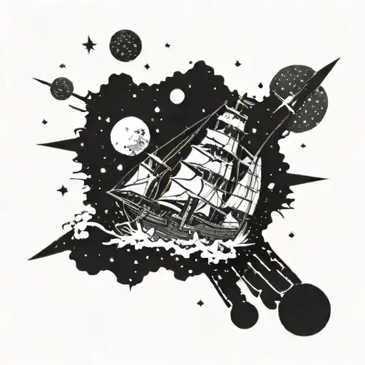 1700s ship in space in meteor shower tattoo design idea