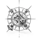 nautical arm sleeve with a old map in the background and containing a compass, a pirate ship, a lighthouse tattoo design idea