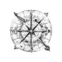 nautical arm sleeve with a old map in the background and containing a compass, a pirate ship, a lighthouse tattoo design idea