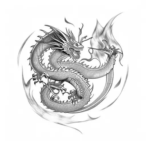 Dotwork "Dragon Blowing Fire Around Arm" Tattoo Idea BlackInk AI