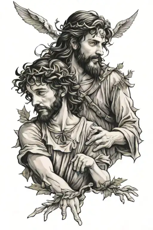 Jesus and peter pan holding tattoo design idea