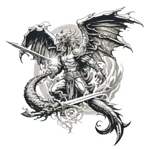 fire breathing dragon angel wings sword surrounded tattoo design idea