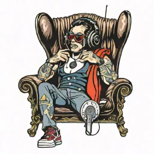 red Robin sat in a deck chair with DJ headphones in front of DJ decks tattoo design idea
