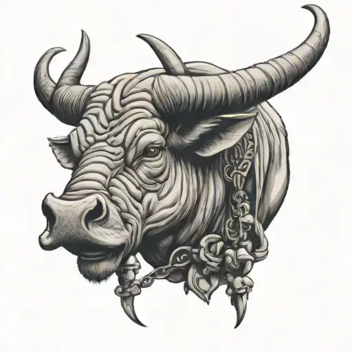 cute mom bull with a scorpion on its head. a smaller bull. an archer. tattoo design idea